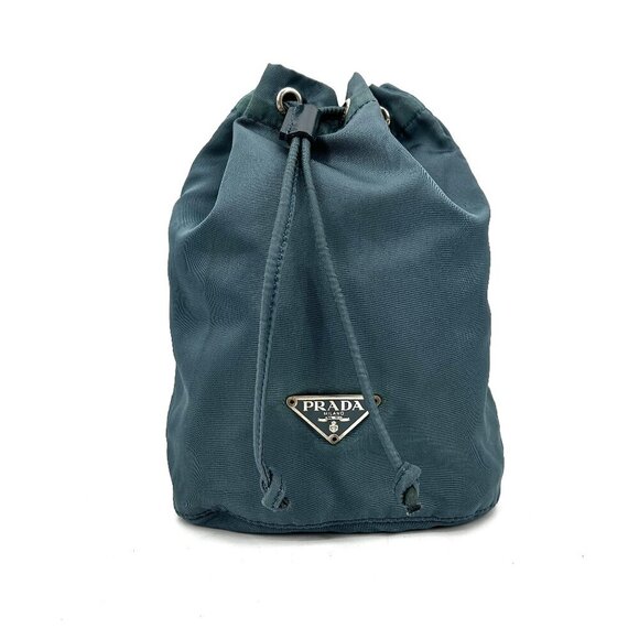 PRADA Blue Nylon Enameled Metal Triangle Logo Drawstring Unlined Bucket Bag - Picture 1 of 8